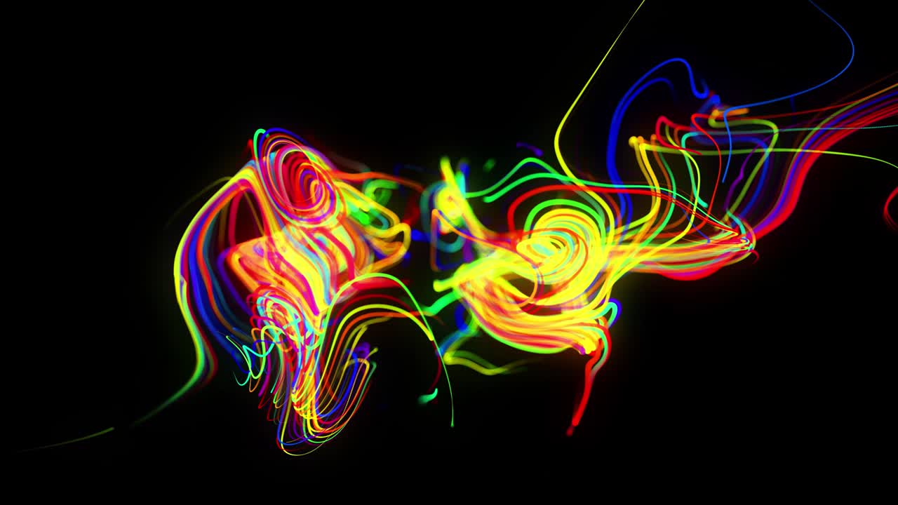 el flujo de fondo abstracto de las líneas de brillo. las partículas de luces en funcionamiento se forman en el espacio 3d brillando hermosas líneas curvas como una bola de cables quemándose con luz de neón. hermoso fondo creativo en bucle en 4k.