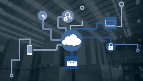 animation of network of connections with icons over warehouse