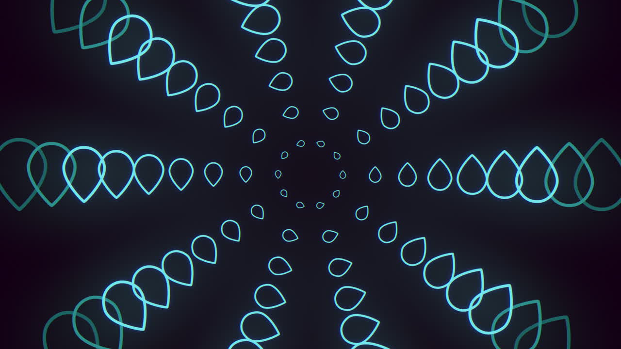 Spiral neon blue drops water on black gradient