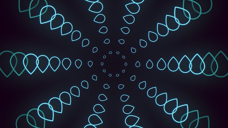 Gocce d'acqua blu neon a spirale su sfumatura nera