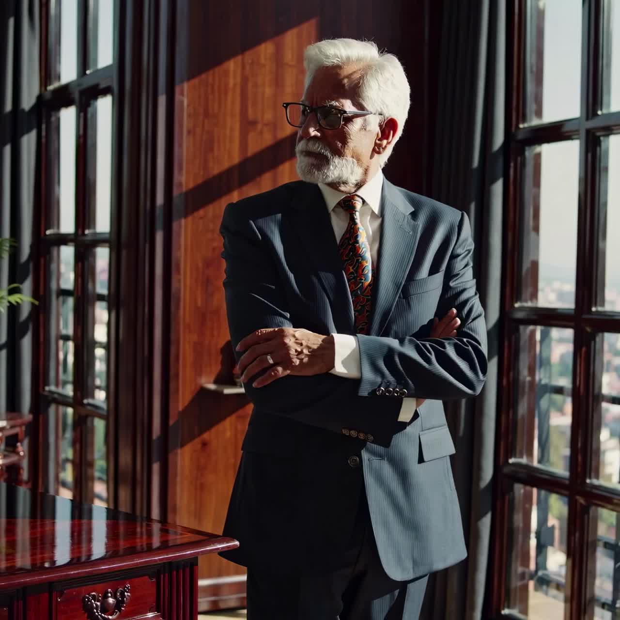 A distinguished man in a suit stands confidently in a sunlit office