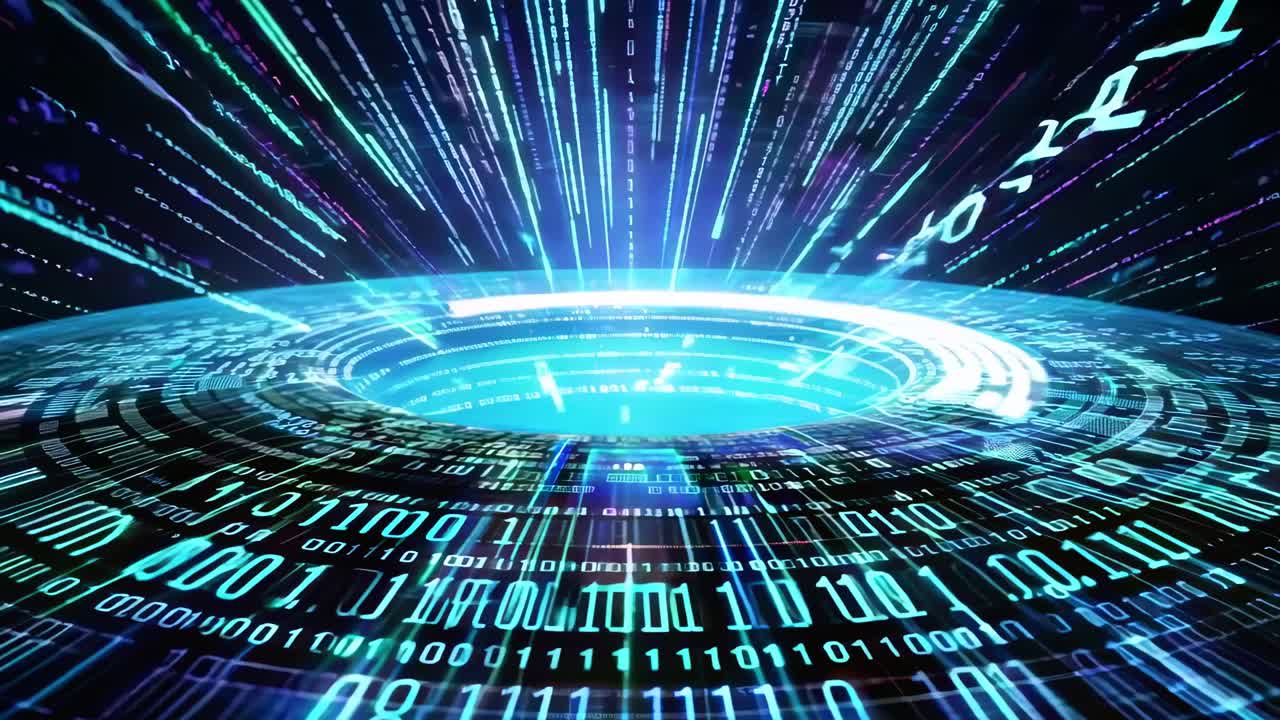 Futuristic video concept with a wormhole effect, featuring binary code and digital elements