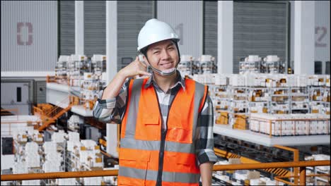 trabajador de la fábrica haciendo un gesto telefónico
