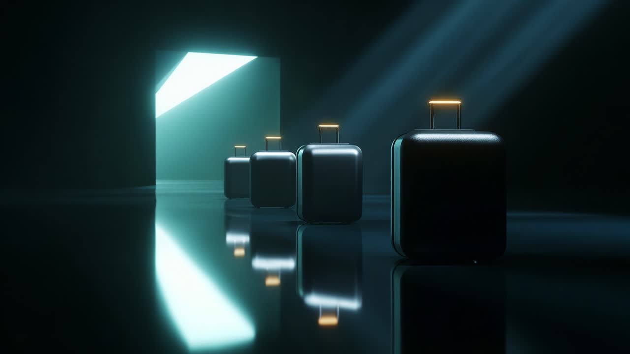 A captivating scene showcasing a series of sleek, modern suitcases lined up against a dark backdrop, illuminated by shafts of light streaming through an open doorway, creating an atmosphere of mystery and anticipation