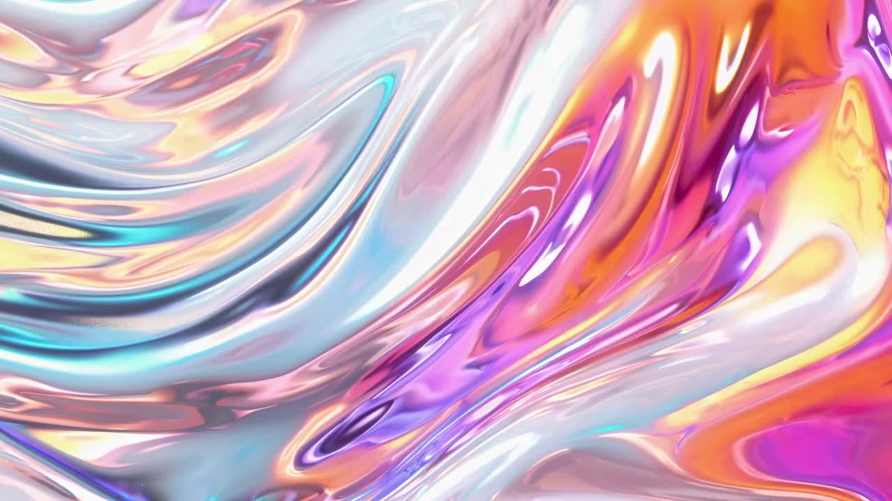 Abstract video of iridescent, fluid-like waves in vibrant pink, orange, and white hues