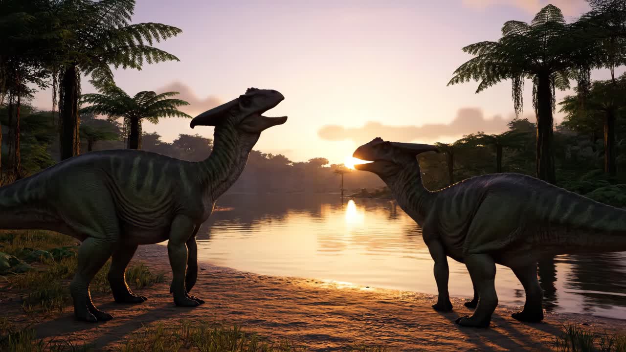 Parasaurolophus Dinosaurs at Sunset