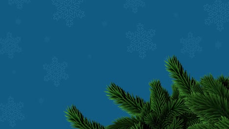 Animation-of-snowflakes-and-fir-tree-branch-with-copy-space-on-blue-background