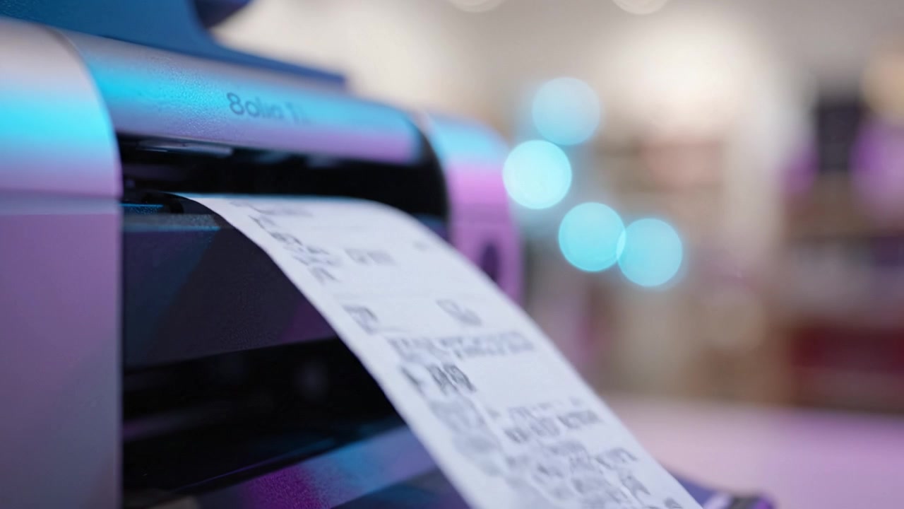 Exploring Modern Receipt Printing Technology: A Close-Up on a Digital Printer Producing a Receipt in a Blurred Background Setting