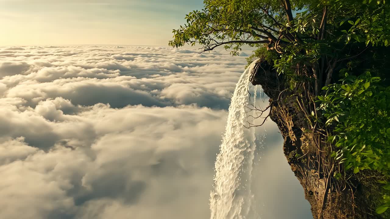 Rotating camera revealing cliff and waterfall to show roots over sea of clouds, copy space