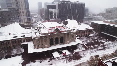 Union-Station-transit-center-withstanding-Snow-Storm-in-Denver,-Colorado