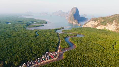 aerial at sunset of phang nga bay in the andaman sea between the island of phuket krabi