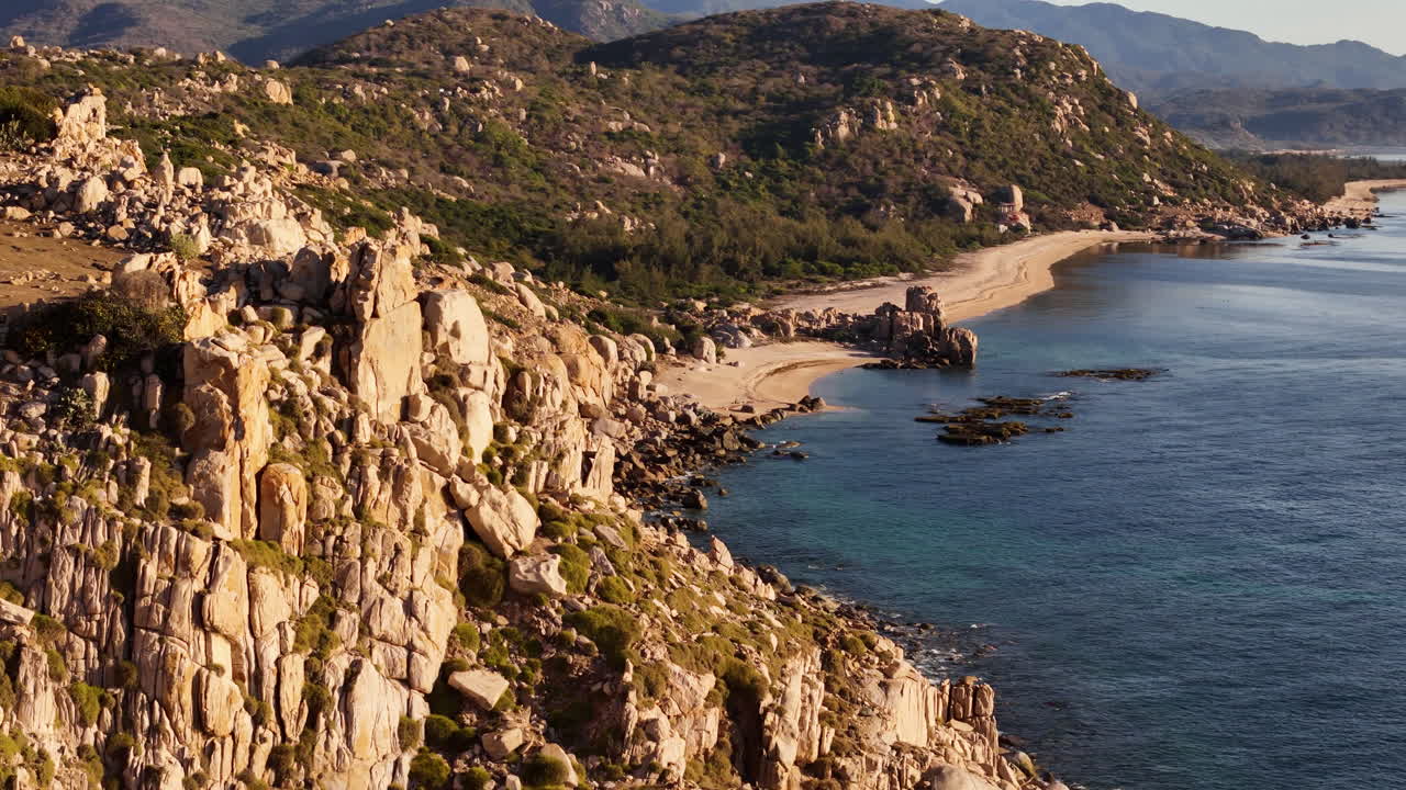 Aerial Parallax Over Hang Rai Stone Park. Ancient Rock Formations And Pristine Beaches On The Scenic Coast Of Ninh Thuan, Vietnam.