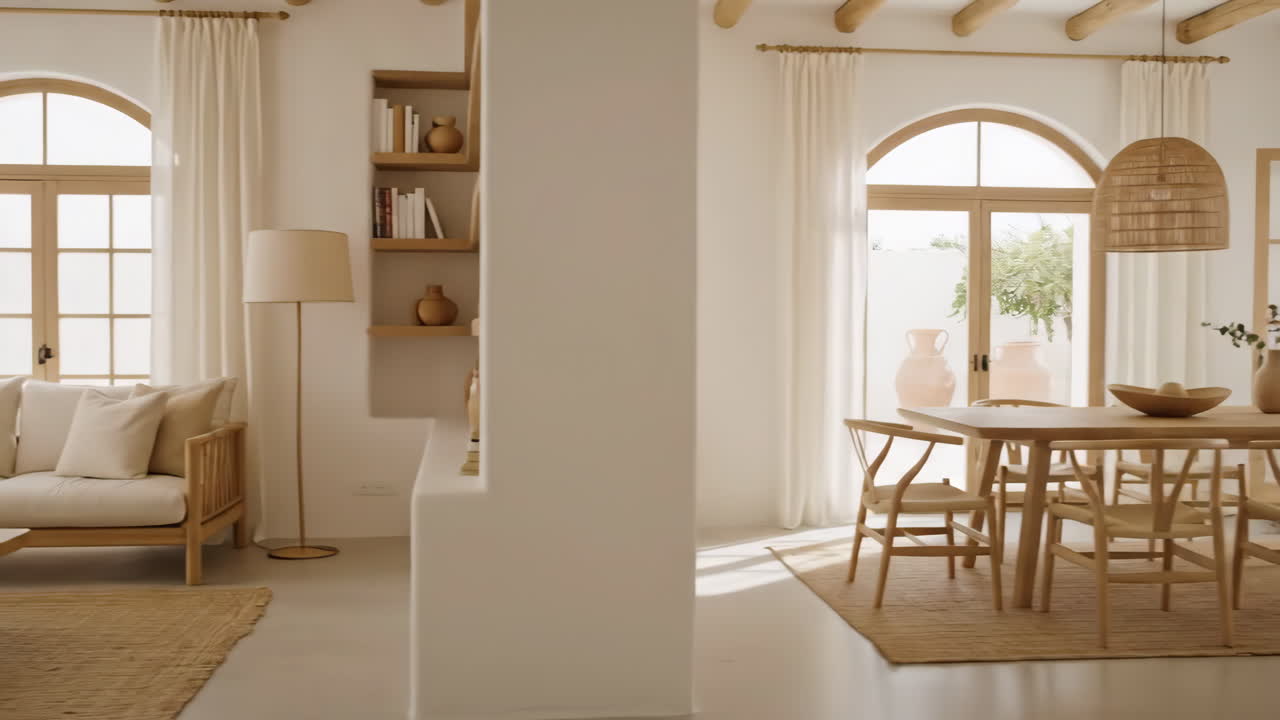 Interior design of a modern living and dining room with natural light