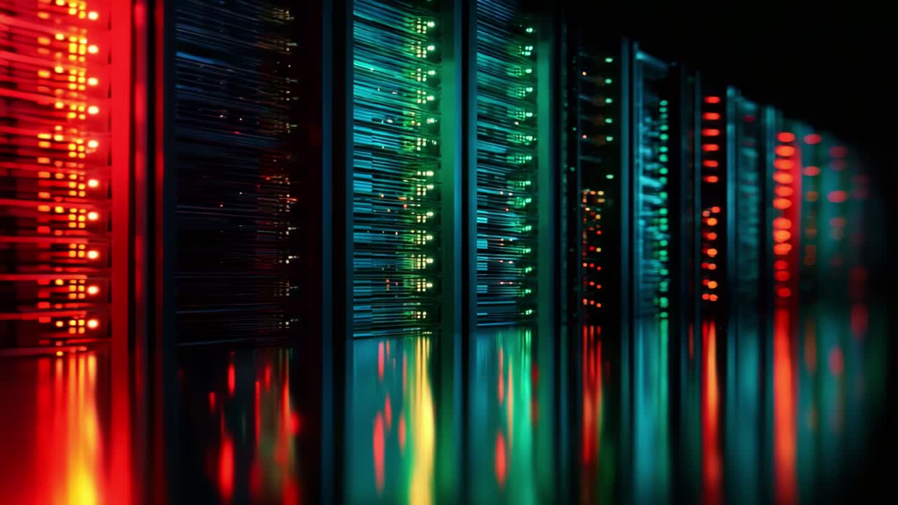 A captivating visual display of illuminated server racks highlighting the vibrant colors of data transmission, showcasing technological advancements in modern computing and data management