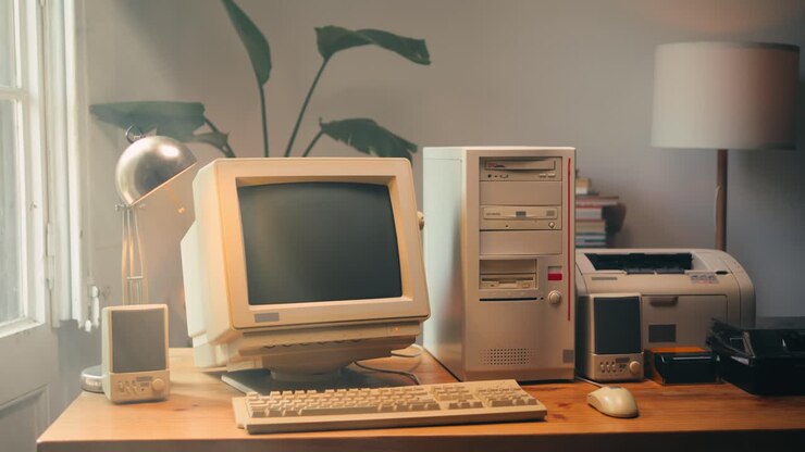 Retro pc-gaming, vintage desktop med konsol, der indlæser kode, programmør skriver scripts, grøn BASIC-skærm, nærbillede af gammelt computerstudie, retro-skærm, pc fra slut-90'erne