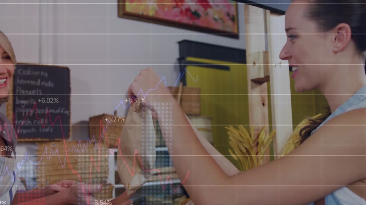 Customer reaching to pay, shopkeeper opening brown bag at bakery, handing while inspecting order