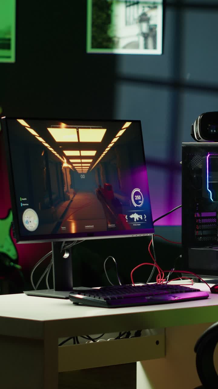 Vertical video Professional gaming empty room studio with neon lights