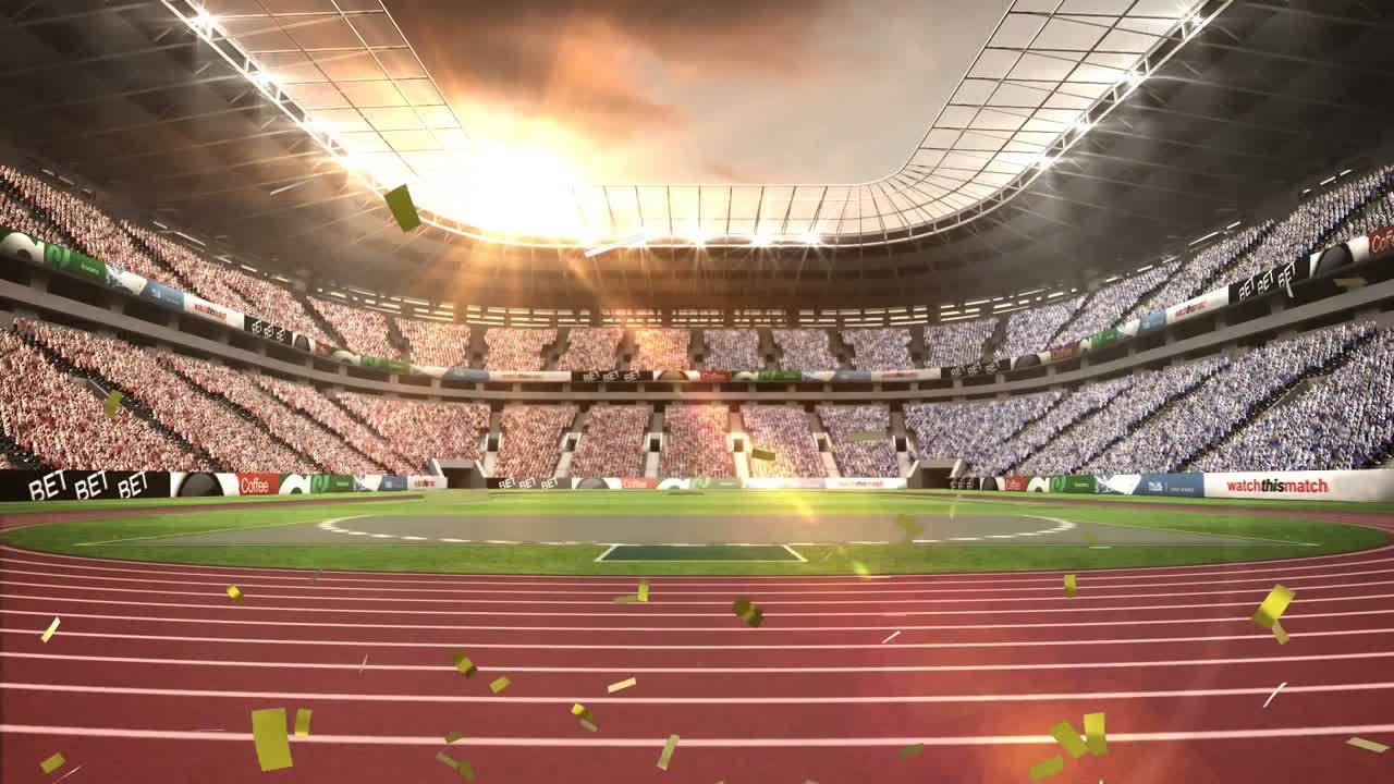 animación de confeti cayendo sobre el estadio deportivo