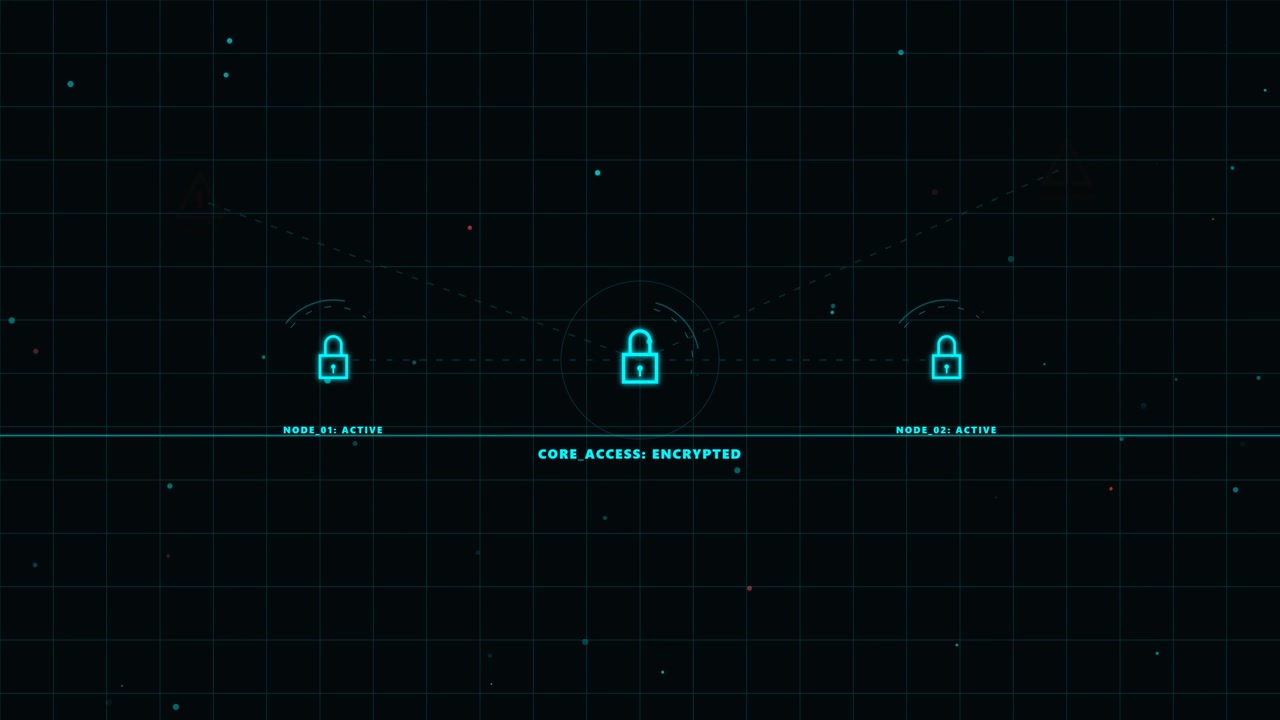 Digital Cybersecurity Interface Showing Encrypted Core Access and Network Nodes