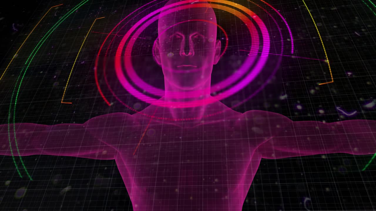 animación de escaneo de alcance, marcadores y procesamiento de datos sobre el cuerpo humano