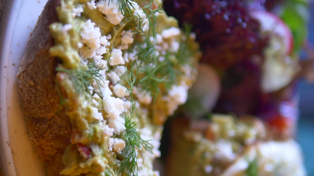 Close up of Avocado Toast with Feta and Dill