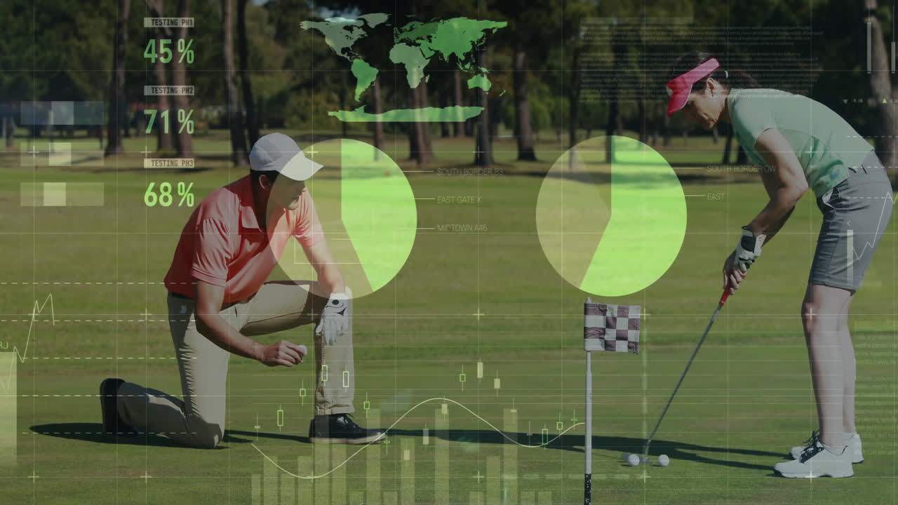 man kneeling and woman preparing putt on golf green, overlaying world map and business metrics