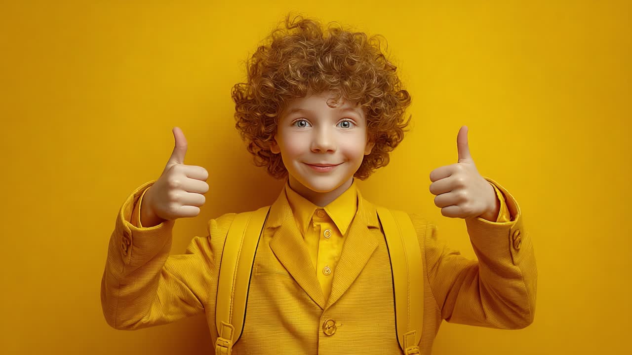 A Cheerful Child in Yellow Attire Exudes Happiness with Thumbs Up Gesture Against a Bright Yellow Background, Capturing Joyous Energy and Playfulness