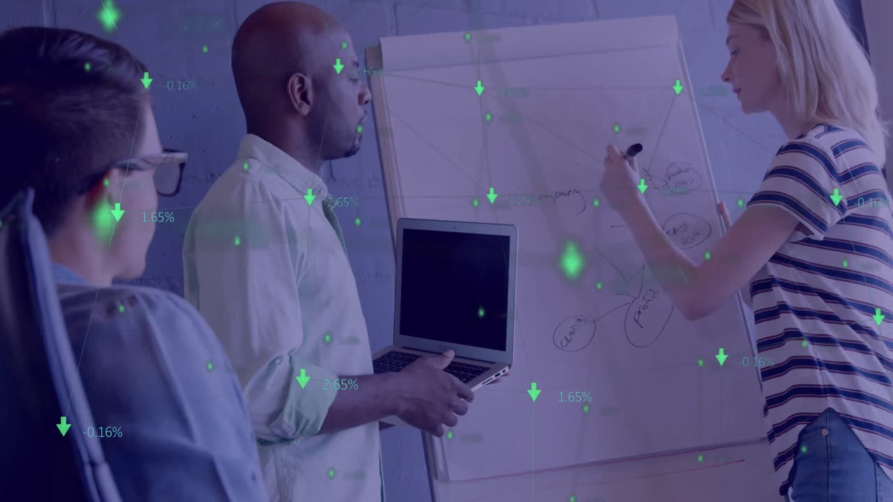 Animation of network of icons over diverse business people in office