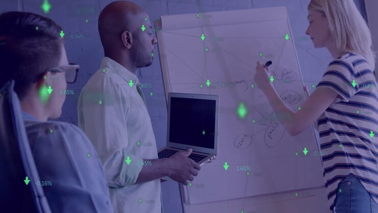 Animation of network of icons over diverse business people in office