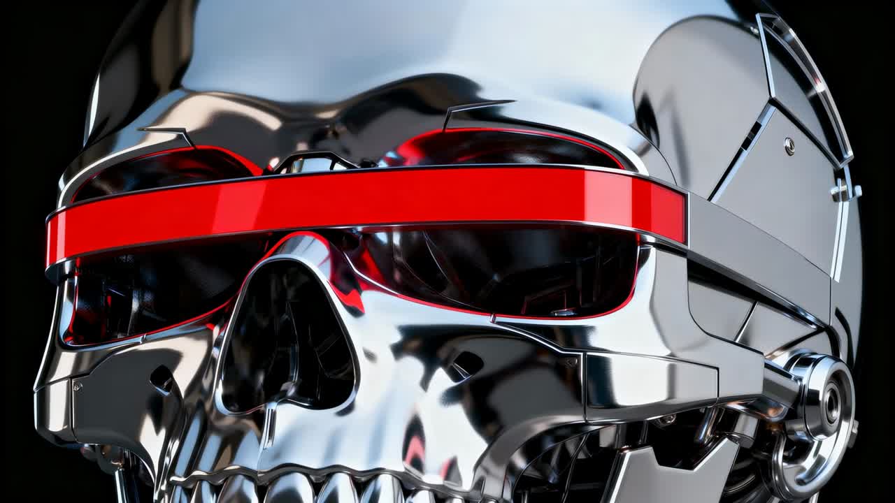 Moving camera revealing chrome robotic skull at studio to show red visor and ear actuator