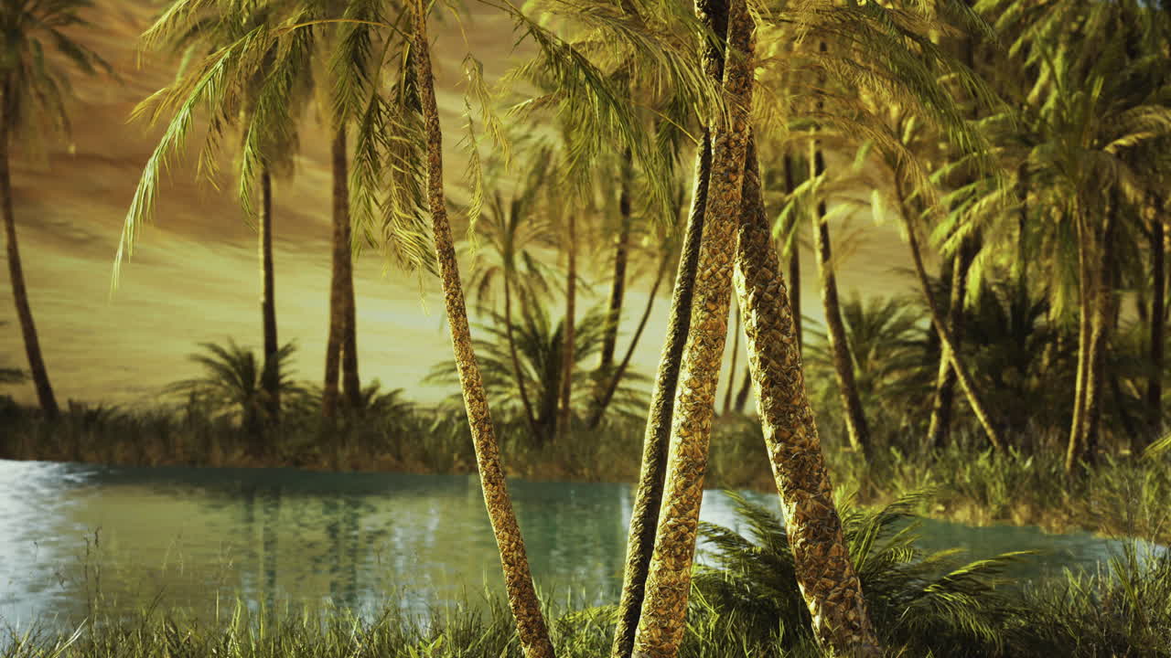 Lush tropical landscape featuring palm trees water and greenery at sunset
