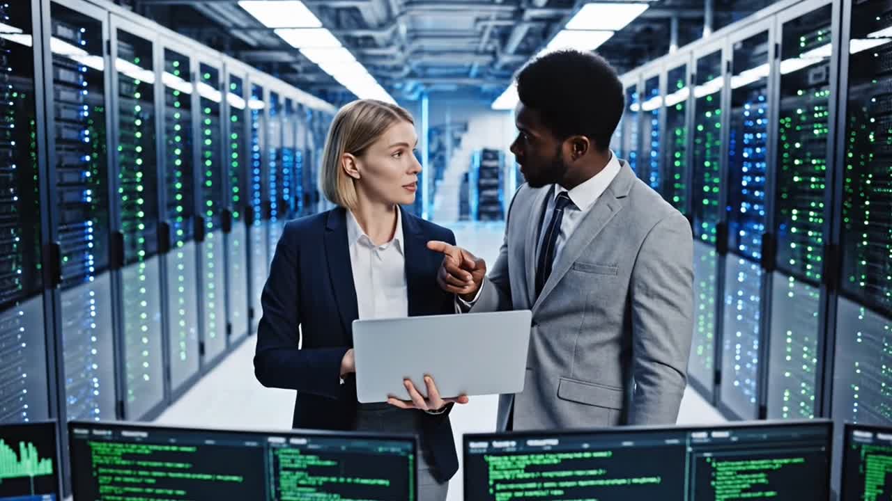 It professionals analyzing data in server room working with laptop and monitors