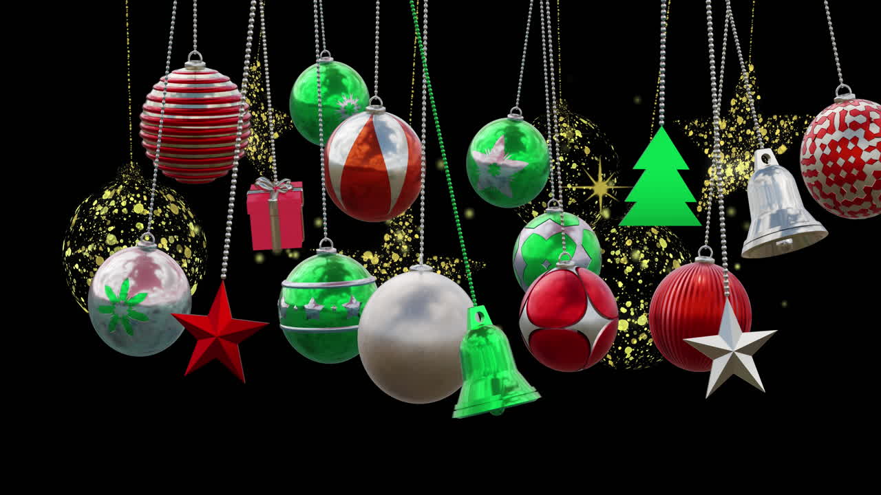 animación de decoraciones de bolas de navidad sobre fondo negro