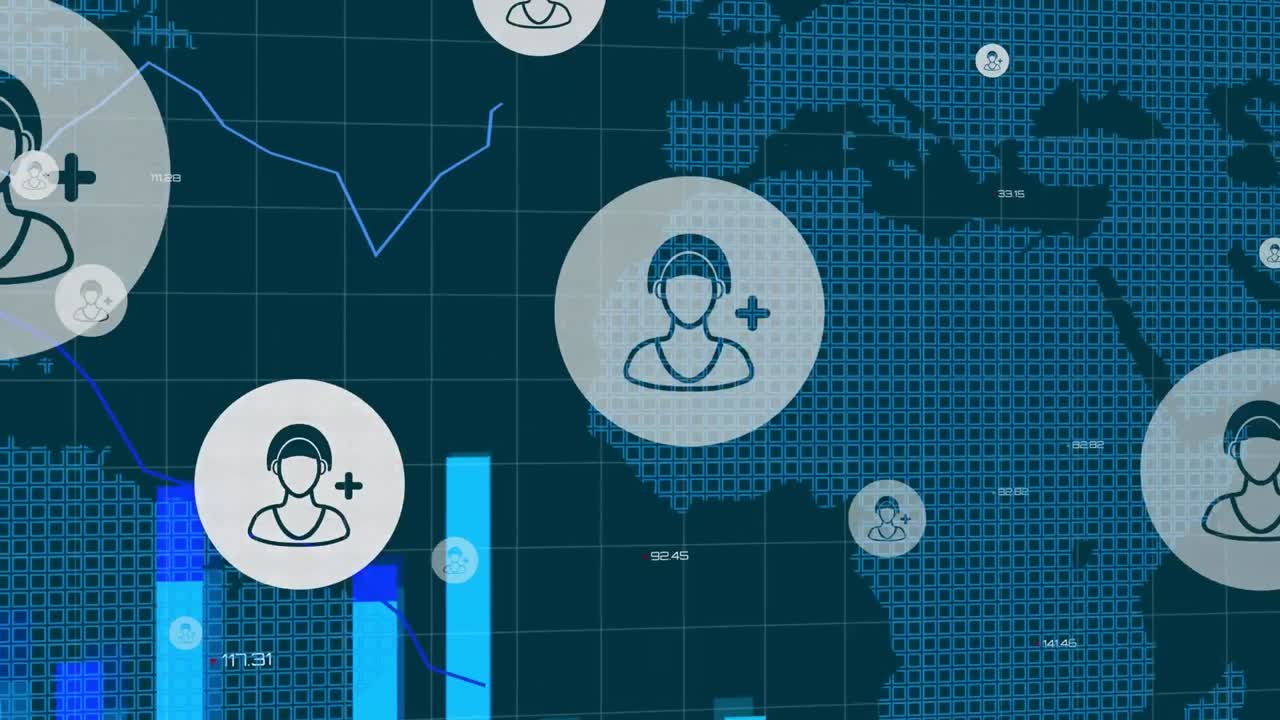 animación de iconos y gráficos de personas sobre procesamiento de datos y red en el mapa del mundo