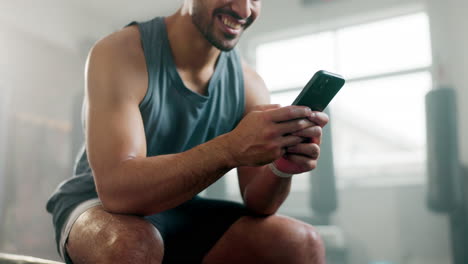 gym, typing and a man with a phone in hands