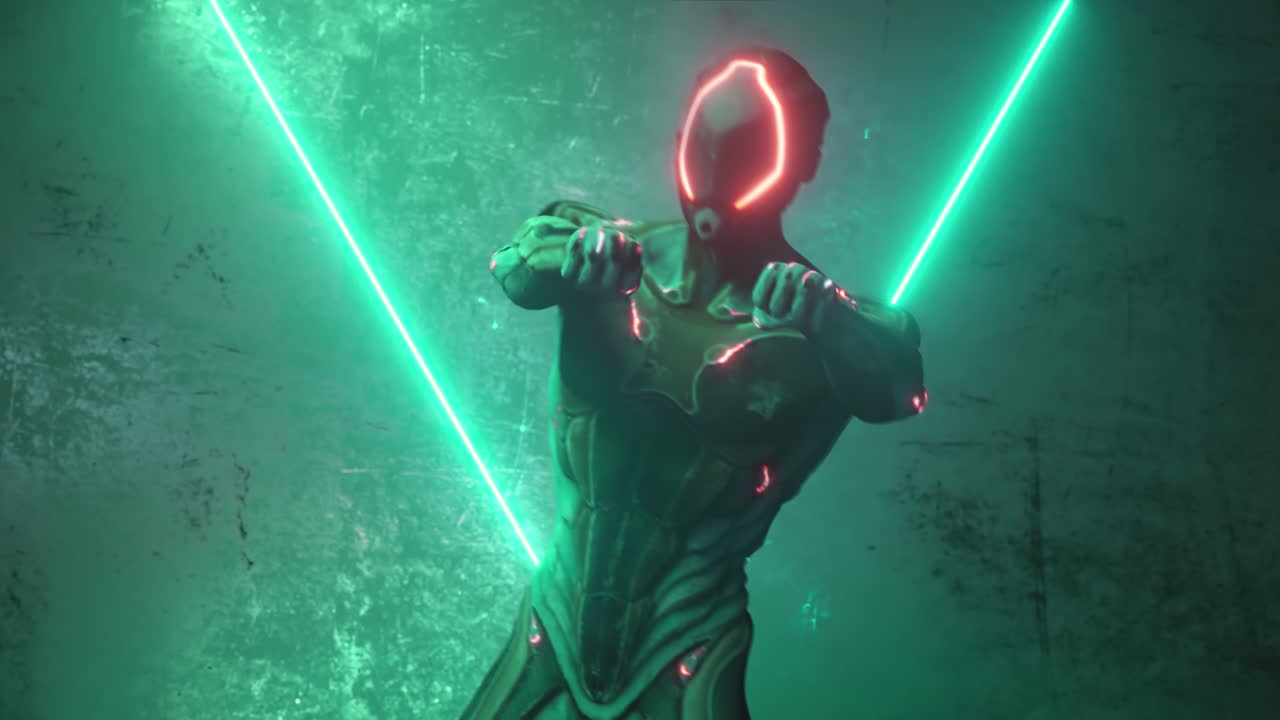 un robot cyberpunk bailando bajo la luz del neón.