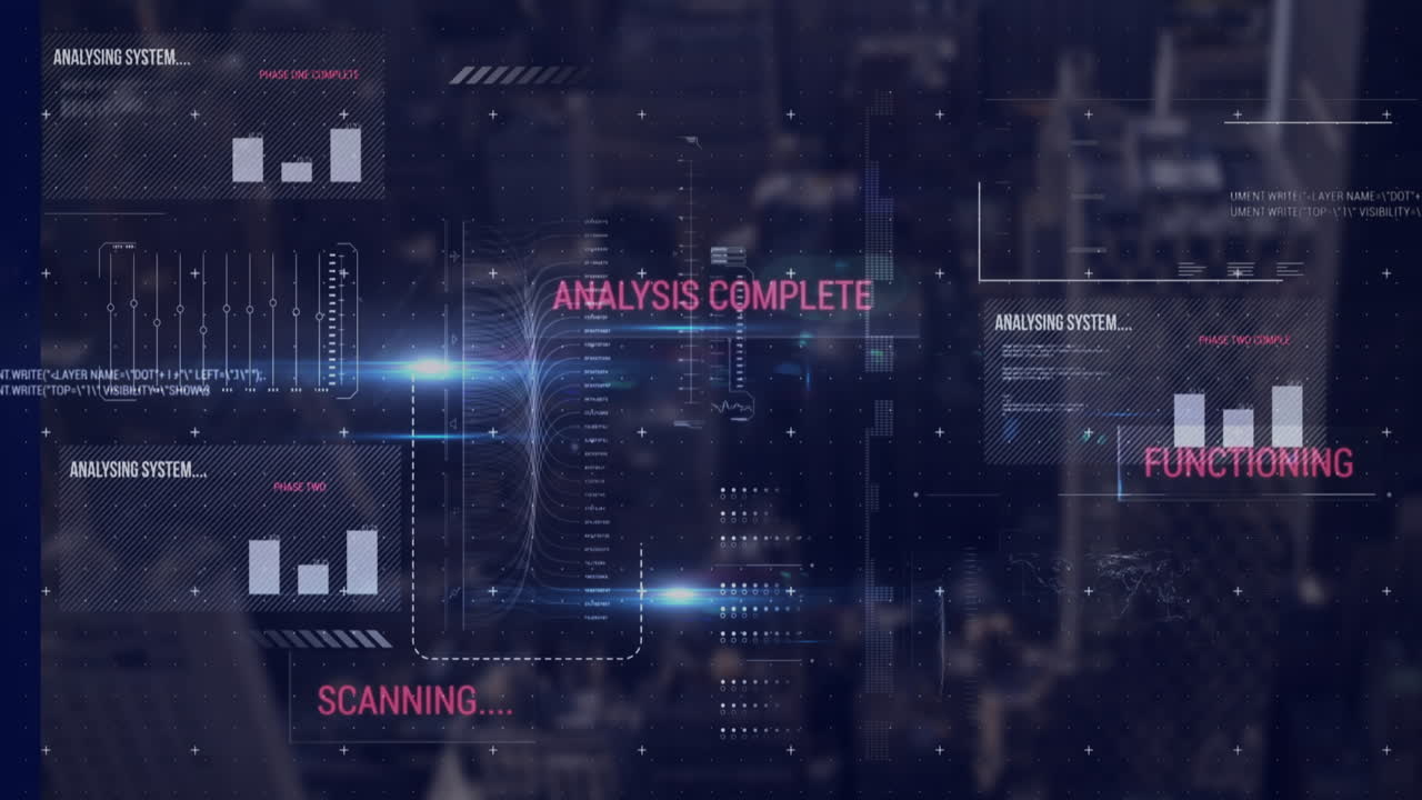 Animation of statistics, data processing over cityscape
