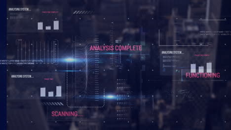 animation of statistics, data processing over cityscape