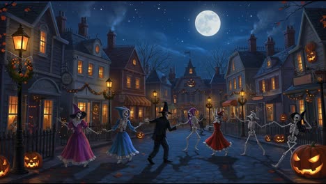 A Festive Nighttime Celebration of Halloween: Skeletons Dance Joyfully Under the Full Moon in a Charming Village Filled with Jack-o&#039;-Lanterns and Spooky Decor