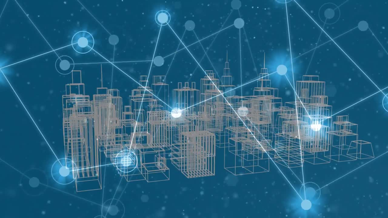 Animation of network of connections over digital city