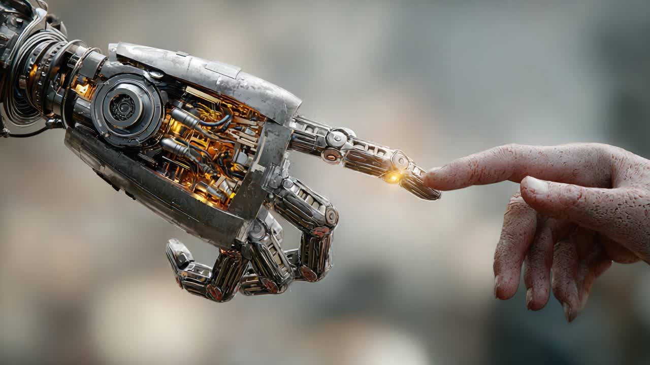 A Futuristic Interaction Between Human and AI: The Moment of Connection as a Robotic Hand and a Human Finger Almost Touch, Symbolizing the Blend of Technology and Humanity