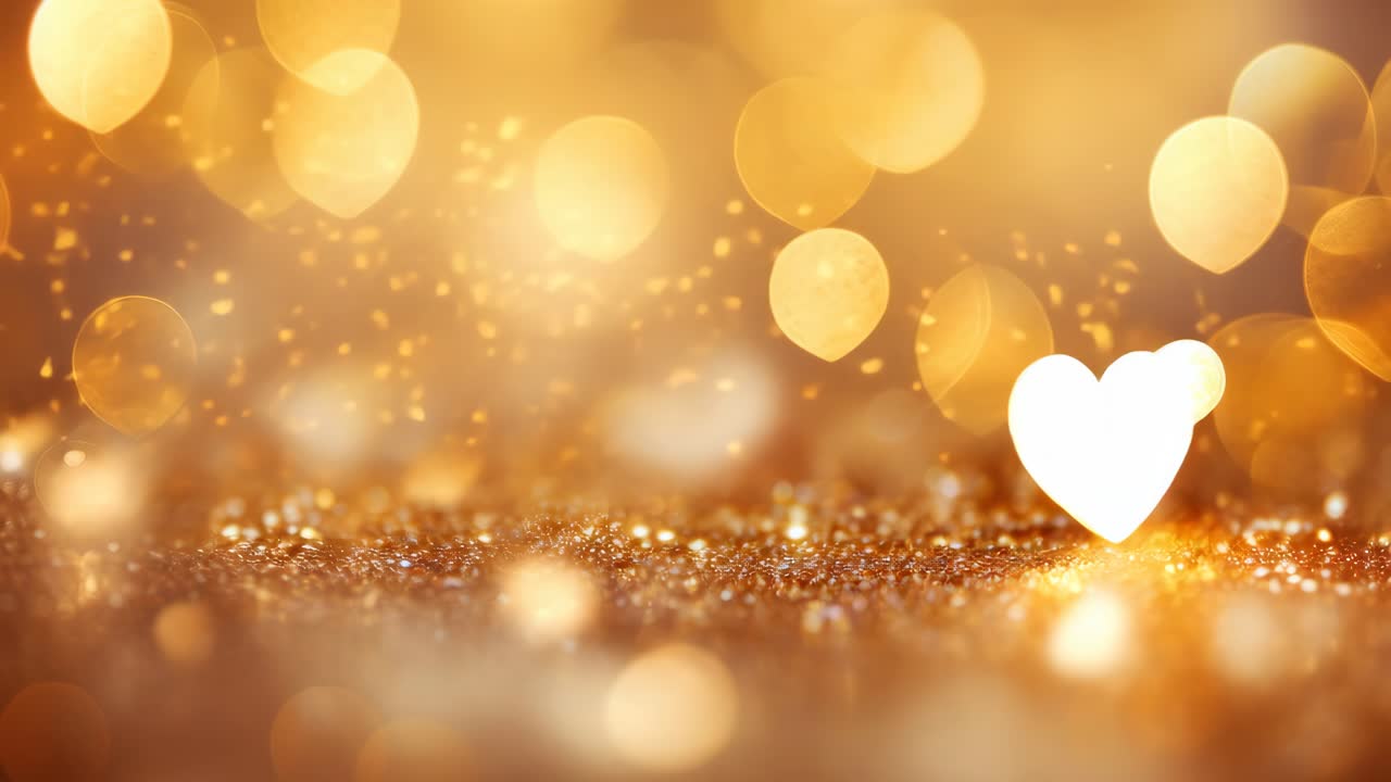 A romantic video background with a soft-focus, low-angle shot of glowing bokeh lights and a heart