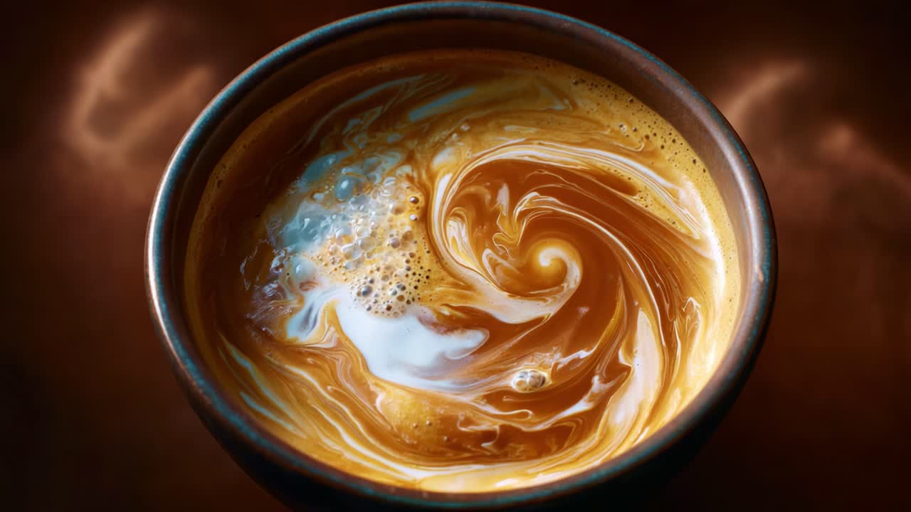 A Captivating Close-Up of Swirling Coffee with Cream, Showcasing the Mesmerizing Patterns and Textures That Create an Artistic Coffee Experience