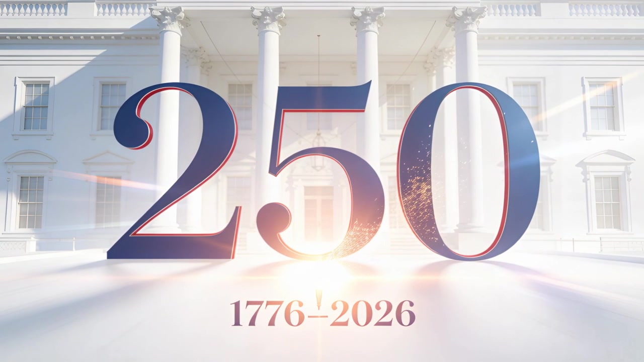 立ち上るレンズフレアが前庭の250を照らし、きらめき、トーチのアイコン、そして1776年から2026年の表記を示す。