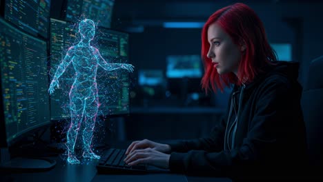 diving into the immersive world of virtual reality, i engage with a captivating digital hologram within a sleek, modern tech workspace illuminated by the night