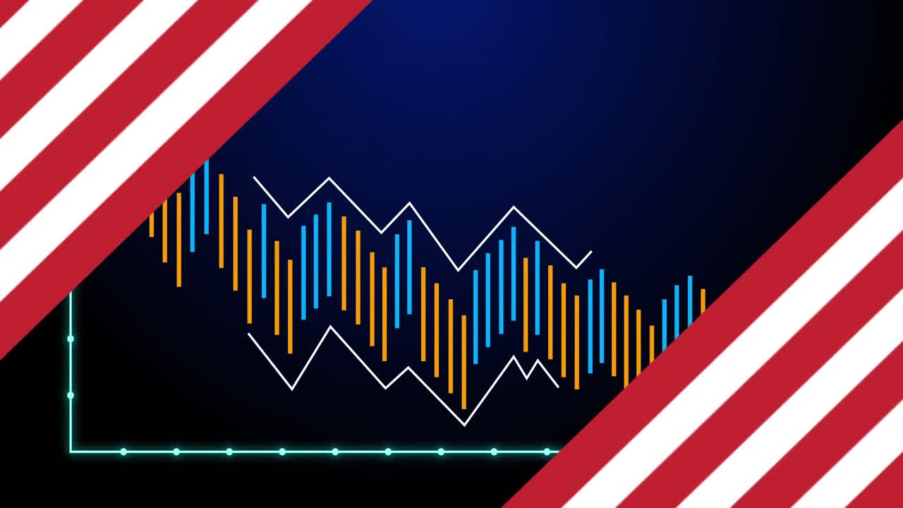 Animation von Grafiken und US-Flagge auf marineblauem Hintergrund