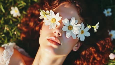 woman with flowers on eyes in grass