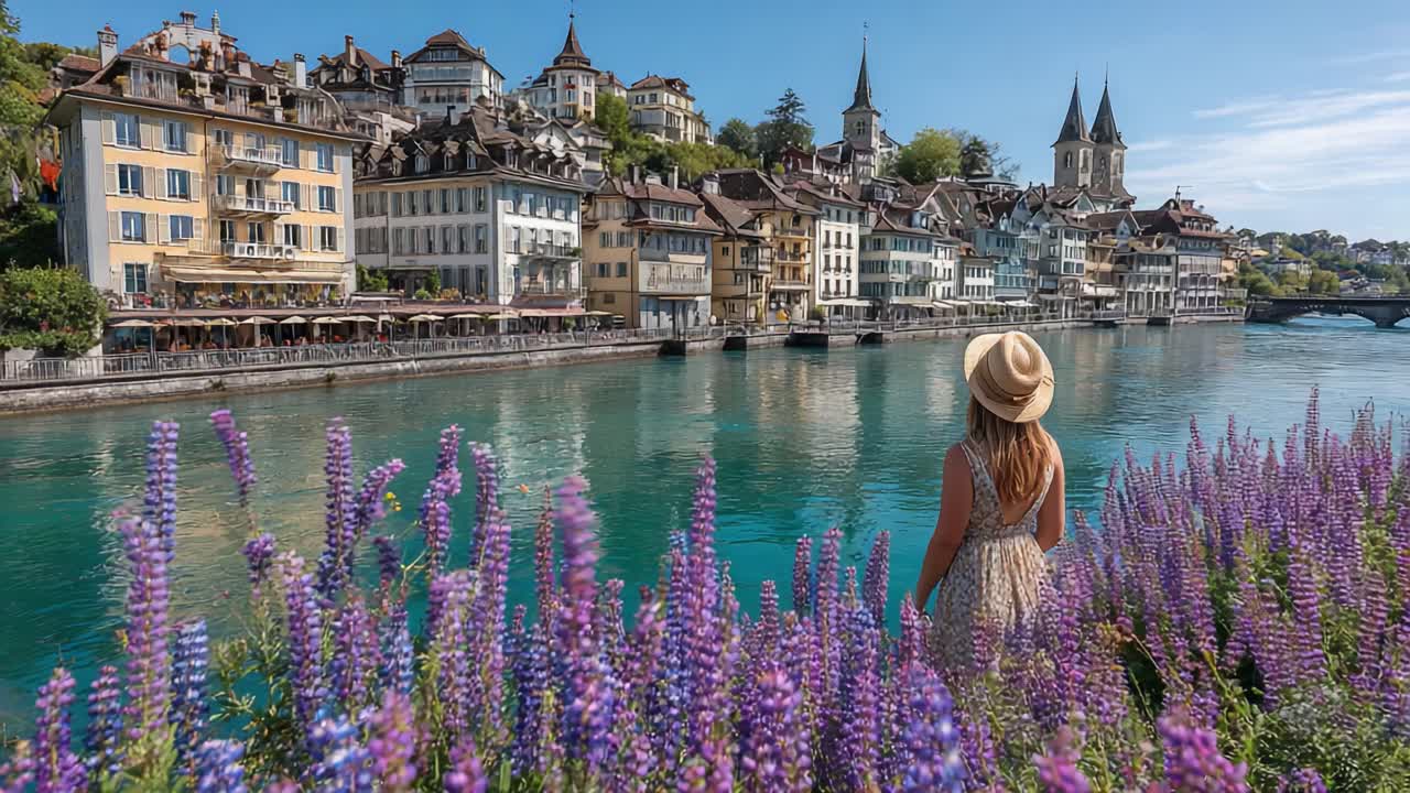 A Serene Moment by the Water: A Young Woman Enjoys a Tranquil View of a Picturesque Lakeside Village Surrounded by Vibrant Purple Flowers Under a Clear Blue Sky