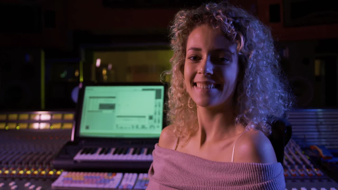 ingeniera de sonido sentada en un escritorio de mezcla