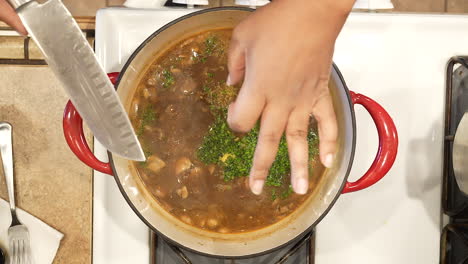 adding organic garlic to a vegan wild rice and mushroom soup as it simmers in slow motion - overhead view wild rice series